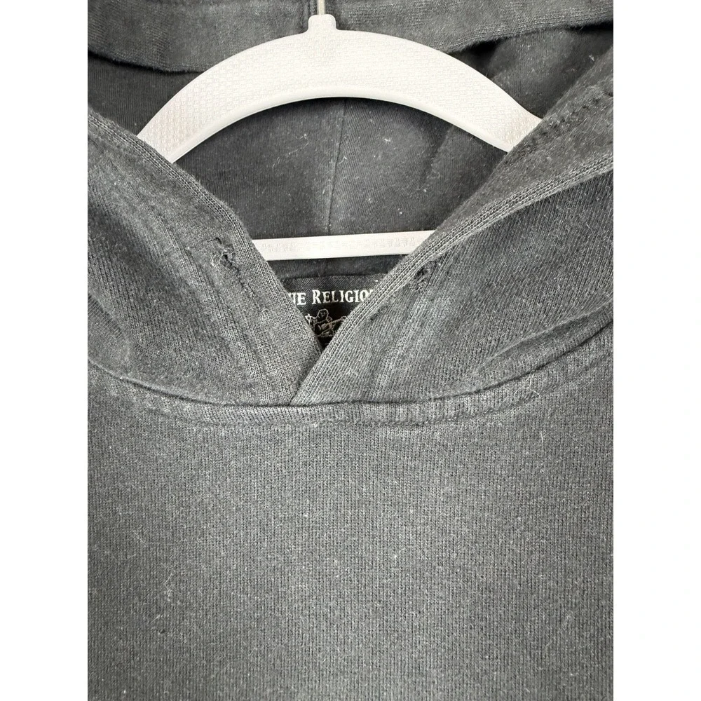 True Religion Mens Collegiate Pullover Hoodie Size M Black‎ Chenille Logo Patch